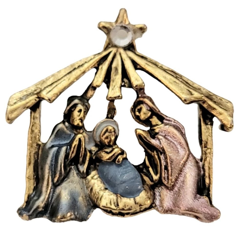 Pink Blue Enamel, Gold Tone Clear Rhinestone Nativity Lapel Pin K718